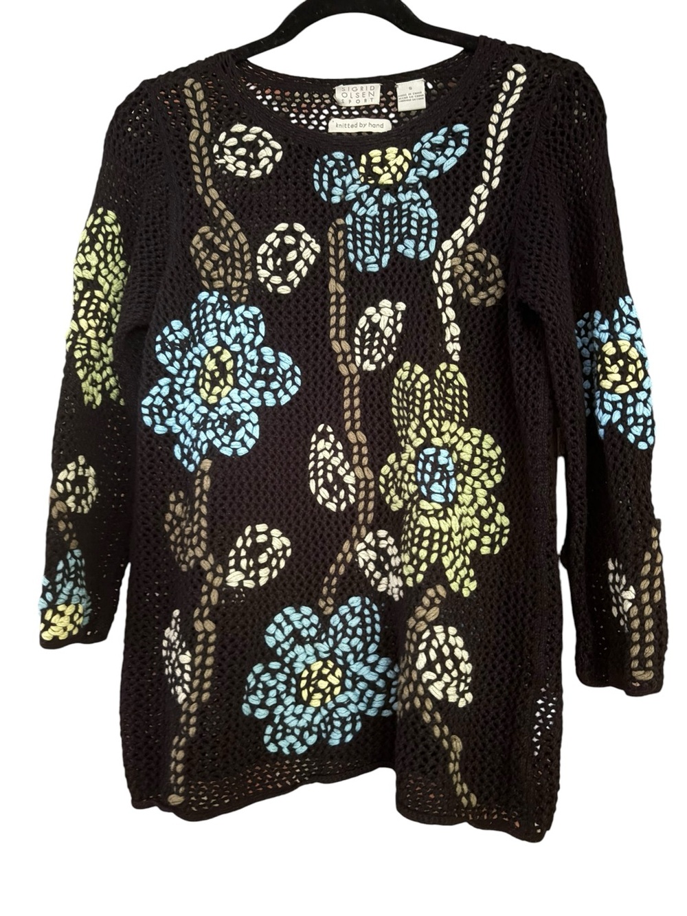 Vintage Y2K Hand Knitted Linen Cotton  Crochet  Open Knit Floral Sweater S